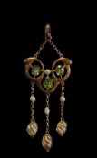 BARNETT HENRY JOSEPH 9CT GOLD PERIDOT & PEARL PENDANT, c. 1905, in the art nouveau style with 3