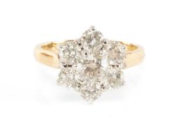DIAMOND FLOWER CLUSTER RING, total diamond weight approx. 1.7cts (all P1), on yellow 18ct gold