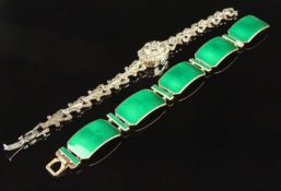 NORWEGIAN GREEN ENAMELLED STERLING SILVER BRACELET, marked A. SGH., Norway, Art Deco style, 18cms (