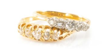 18CT GOLD & PLATINUM FIVE STONE DIAMOND RING, together with yellow metal five stone diamond ring,