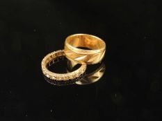 14K LEAF CUT WEDDING RING, size L, 5.9g; also a SILVER GILT SPINEL ETERNITY RING, size N (2)