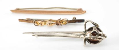 THREE BROOCHES comprising Charles Horner silver sword amber bar brooch, together with two 9ct gold