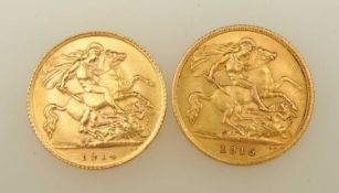 GEORGE V, TWO HALF-SOVEREIGNS, 1914 (EF), 3.99g; and 1915, Sydney Mint (EF), 3.99g (2) Provenance: