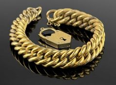 15CT GOLD TEXTURED CURB LINK BRACELET with shield-shaped padlock clasp, 18cms (l), approx. 28g,