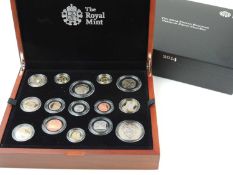 ROYAL MINT 2014 UK PREMIUM PROOF COIN SET (15 coins), with wooden case, certificate, and outer