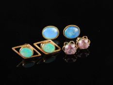 TWO PAIRS OF OPAL EARRINGS set in 9ct gold; and pair of amethyst ear studs, gross weight approx. 5.