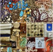 ASSORTED COSTUME JEWELLERY, including bead necklaces, earrings, watches, and coins including a