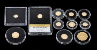 GROUP OF GOLD COINS comprising 1933 double eagle replica, '585' gold, 0.5g, Diana Queen of our