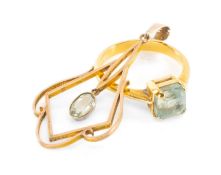 GOLD BELIEVED AQUAMARINE SET JEWELLERY comprising 18ct gold ring, the single stone measuring 6 x