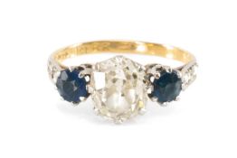 ANTIQUE DIAMOND & SAPPHIRE THREE-STONE RING, central old cut diamond approx. 1.5ct (7.5 x 6.8 x 4.