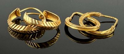 TWO PAIRS MIDDLE EASTERN YELLOW GOLD HOOP EARRINGS, 50mms (diam.), approx. 3.8g (gross), tests as