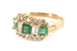 14K EMERALD & DIAMOND RING, row of three square cut emeralds and two emerald-cut diamonds between