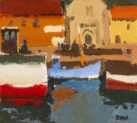 ‡ DONALD McINTYRE acrylic on board - entitled verso, 'Boats Collioure No.3', signed with initials,