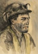 ‡ VALERIE GANZ mixed media - portrait of a coal miner, signed, 38 x 27.5cms Provenance: deceased