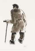 ‡ SIR KYFFIN WILLIAMS RA pen & ink - entitled verso, 'Farmer with Stick I', signed with initials, 34