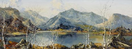 ‡ CHARLES WYATT WARREN oil on board - entitled verso, 'Snowdon from Llyn Padarn', signed, 29 x 74cms