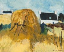 ‡ GWILYM PRICHARD oil on canvas - hayrick, figures and cottage, signed, 54 x 43cms Provenance: