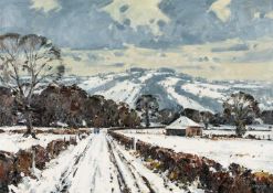 ‡ ED FORREST oil on board - entitled verso, 'Gower Road, Trefriw, Winter', signed, 51 x 71cms