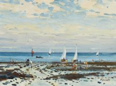 ‡ ED FORREST oil on board - Penmaenmawr with sailing dinghies and figures, signed, 22.5 x 50cms