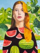 ‡ MEIRION GINSBERG oil on canvas - entitled verso, 'Melon Dress' on Martin Tinney Gallery label,
