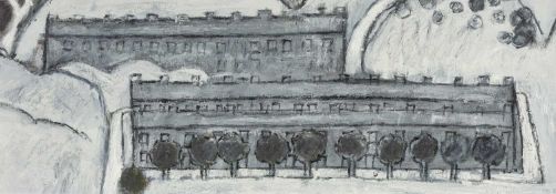 ERNEST ZOBOLE oil on card - winter street scene, unsigned, 26 x 74cms Provenance: from collection