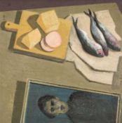 ‡ CHARLES BURTON oil on canvas - still life with cheese and fish, 54 x 54cms; with an accompanying