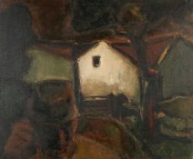 ‡ WILL ROBERTS oil on canvas - figure in hat at dusk, entitled verso, 'White Barn, Late Evening',
