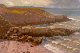 ‡ DAVID WOODFORD oil on canvas - entitled, 'Ynys Môn' (Cliffs at Caim), 60 x 90cms Provenance: