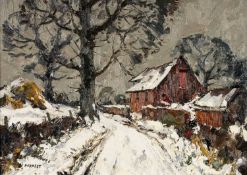 ‡ ED FORREST oil on board - entitled verso, 'The Red Barn, Winter' signed, 49 x 69cms Provenance: