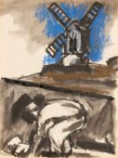 ‡ JOSEF HERMAN mixed media on paper - figure working, windmill and landscape, circa late 1990s, 23 x