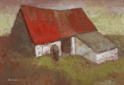‡ ANEURIN JONES acrylic on board - chatting farmers at red-roofed barn, entitled verso, '