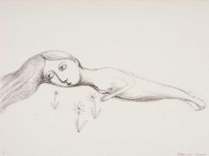 ‡ BRENDA CHAMBERLAIN pen ink on paper - reclining figure and flowers, signed and dated 1970, 41 x