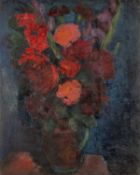 ‡ JOSEF HERMAN oil on canvas - still-life, vase of flowers to blue background, 52 x 42cms