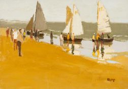 ‡ DONALD McINTYRE oil on board - entitled verso, 'Before the Race', signed with initials, 34 x 49cms