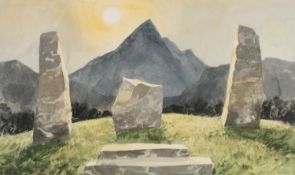 ‡ WILLIAM SELWYN watercolour - Eisteddfod standing stones with Yr Wyddfa, entitled, 'Yn Wyneb