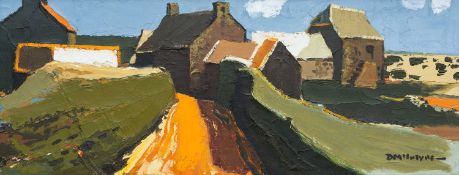 ‡ DONALD McINTYRE acrylic on board - entitled verso, 'Farm Buildings' on Ashgate Gallery, Surrey