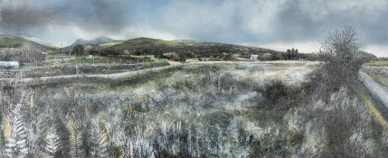 ‡ DARREN HUGHES mixed media on canvas - entitled verso, 'Parallel Roads' on Thackeray Gallery label,