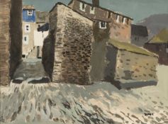 ‡ DONALD McINTYRE mixed media - entitled verso, 'Alley, Port Isaac', signed with initials, fully