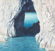 ‡ CERI AUCKLAND DAVIES egg tempera - coastal arch over turquoise sea, entitled verso 'Luminescence',