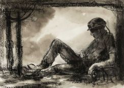 ‡ VALERIE GANZ charcoal & watercolour - entitled verso 'Be Glad when the Shift is Over', on Albany