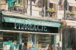 ‡ MARK SAMUEL oil on panel - entitled verso 'Paris Pharmacy', on Martin Tinney Gallery label, signed