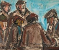 ‡ MIKE JONES pastel on paper - entitled verso 'Sheep Mart, Newcastle-Emlyn', signed, signed verso '