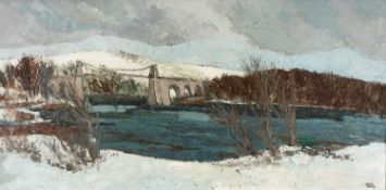 ‡ GWILYM PRICHARD oil on board - entitled verso 'Menai Bridge, Snow on the Carneddau' on Martin