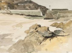 ‡ DONALD McINTYRE watercolour - entitled verso, 'Harbour, Port Isaac', signed with initials, 29 x
