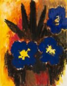 ‡ JOSEF HERMAN mixed media on paper - vase of blue flowers, 25 x 19cms Provenance: private
