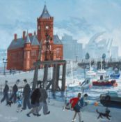 ‡ NICK HOLLY oil on canvas - Cardiff Bay with figures and The Pierhead Building, signed, 60 x