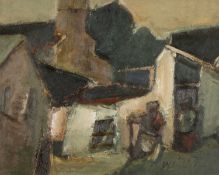 ‡ WILL ROBERTS oil on board - village buildings with two figures in conversation, signed, 41 x 52cms