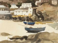 ‡ DONALD McINTYRE watercolour and pencil - entitled verso, 'Boats and Buildings, Port Isaac', signed