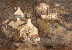 ‡ GYRTH RUSSEL oil on canvas - entitled verso 'Cottages, Anglesey', signed verso, 52 x 75cms