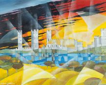 ‡ ANDREW SOUTHALL oil on canvas laid to board - cubist Caernarfon Castle, signed and dated '09, 41 x